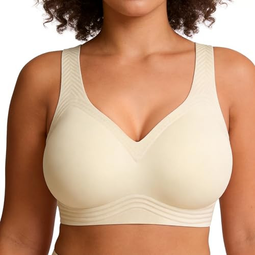 Soft Intention Jelly Wireless Bra Seamless Push Up Full Coverage Supportive Everyday Sport T-Shirt Bra Regular & Plus Size Beige | Amazon (US)