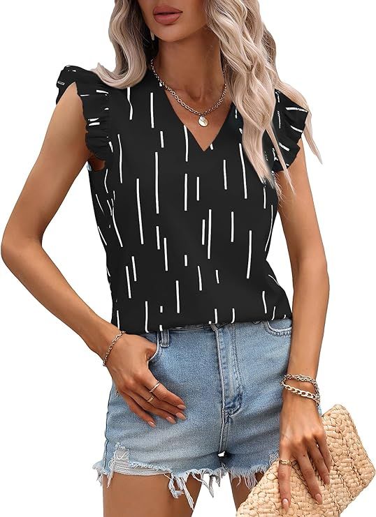 WDIRARA Women's Striped Print Top Ruffle Cap Sleeve Notched V Neck Blouse Shirt | Amazon (US)