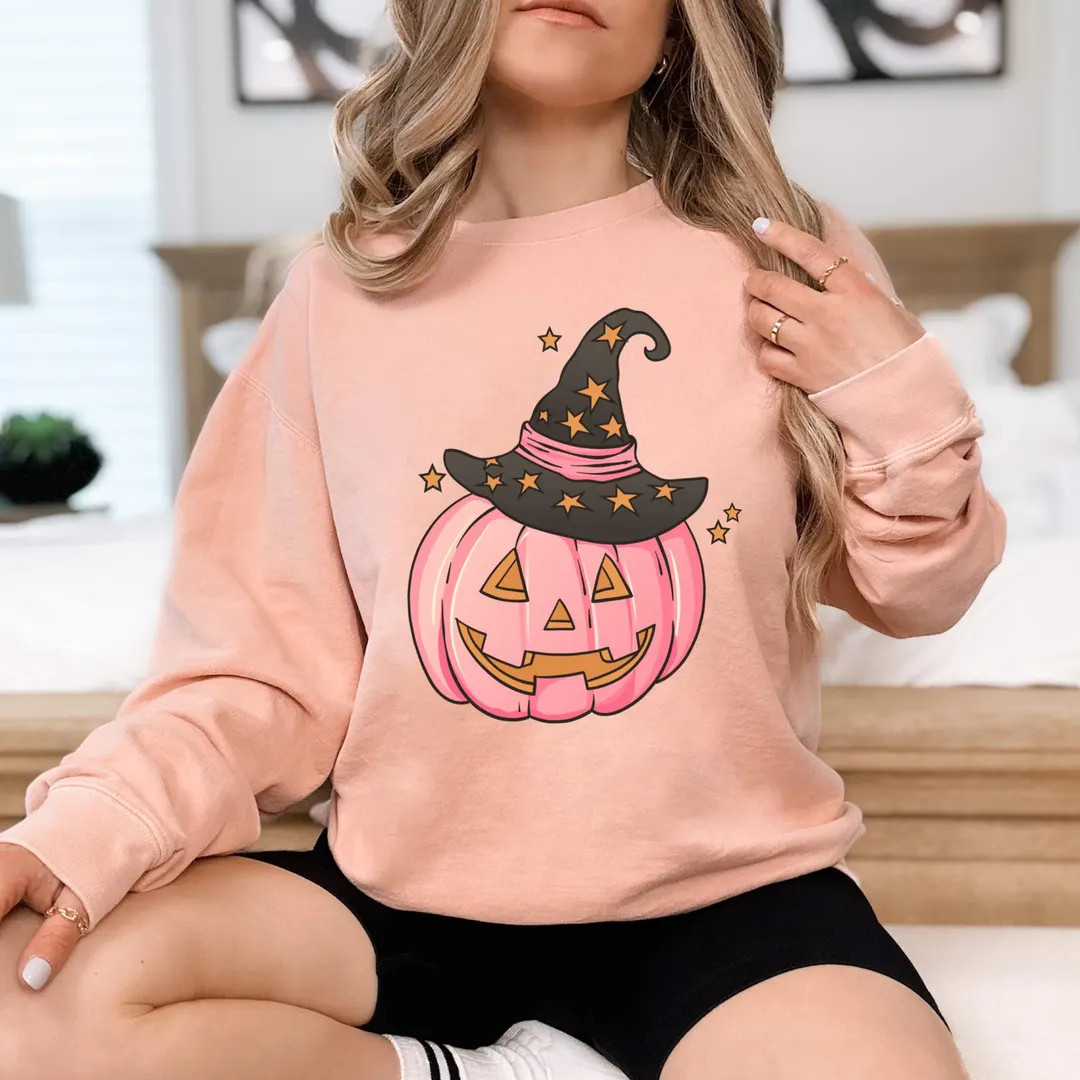 Comfort Colors Halloween Pumpkin Sweatshirt, Women's Halloween Shirt, Jack O'lantern Shirt, Pink ... | Etsy (US)