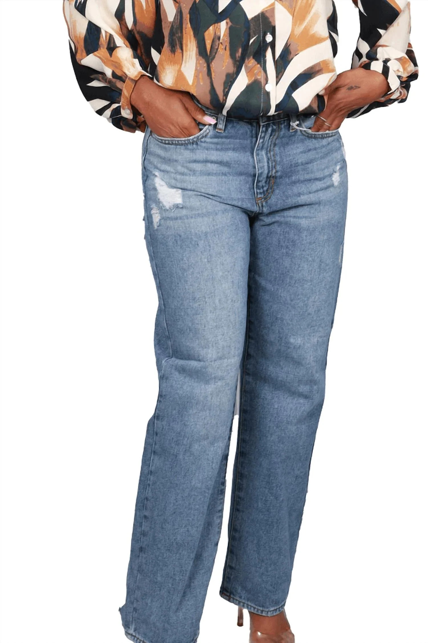 High Rise Distressed Dad Jeans In Blue | Shop Simon
