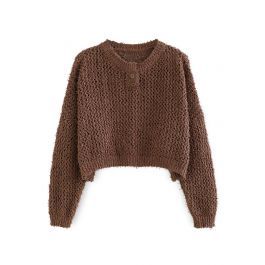 Buttoned Hollow Out Knit Crop Top in Brown | Chicwish