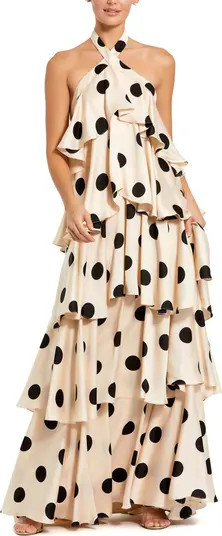 Polka Dot Charmeuse Halter Tiered Ruffle Gown | Nordstrom