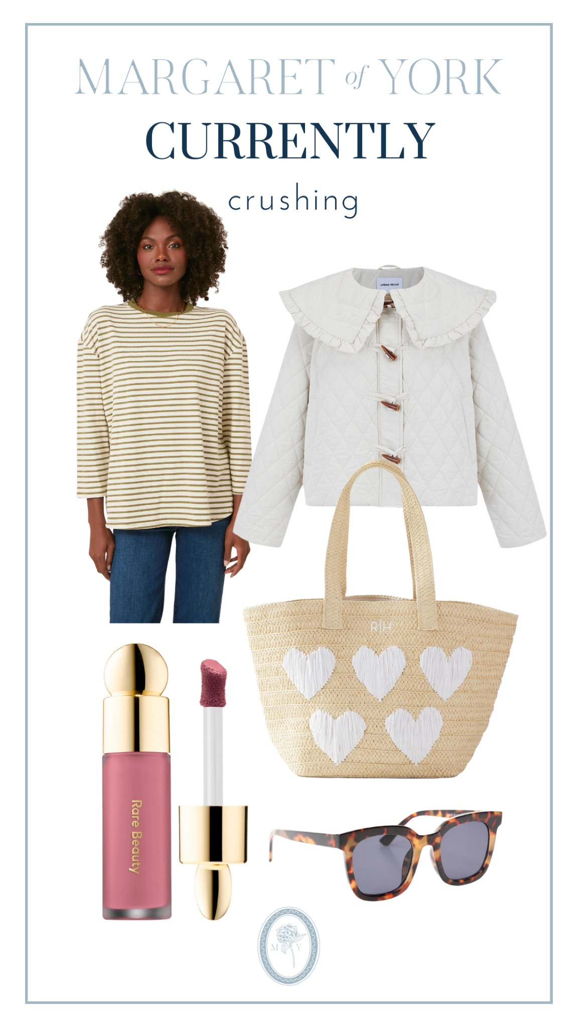 Current crushes, feminine puffer, striped tee, sunglasses, rare beauty blush, heart tote 

#LTKstyletip