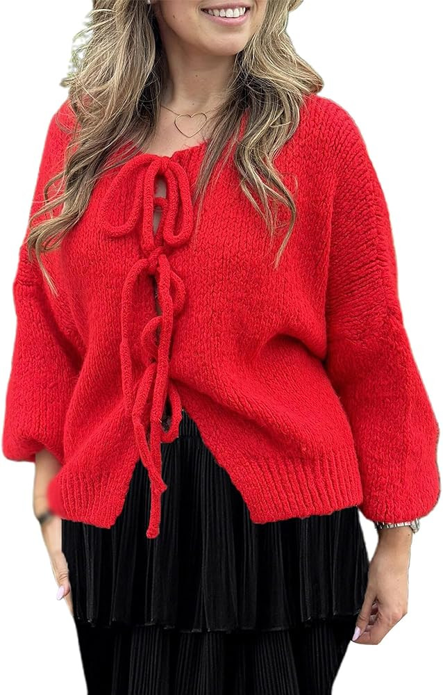 Acrawnni Women's Y2K Tie Front Bow Cardigan Sweaters Solid Color V-Neck Chunky Knit Long Puff Sle... | Amazon (UK)