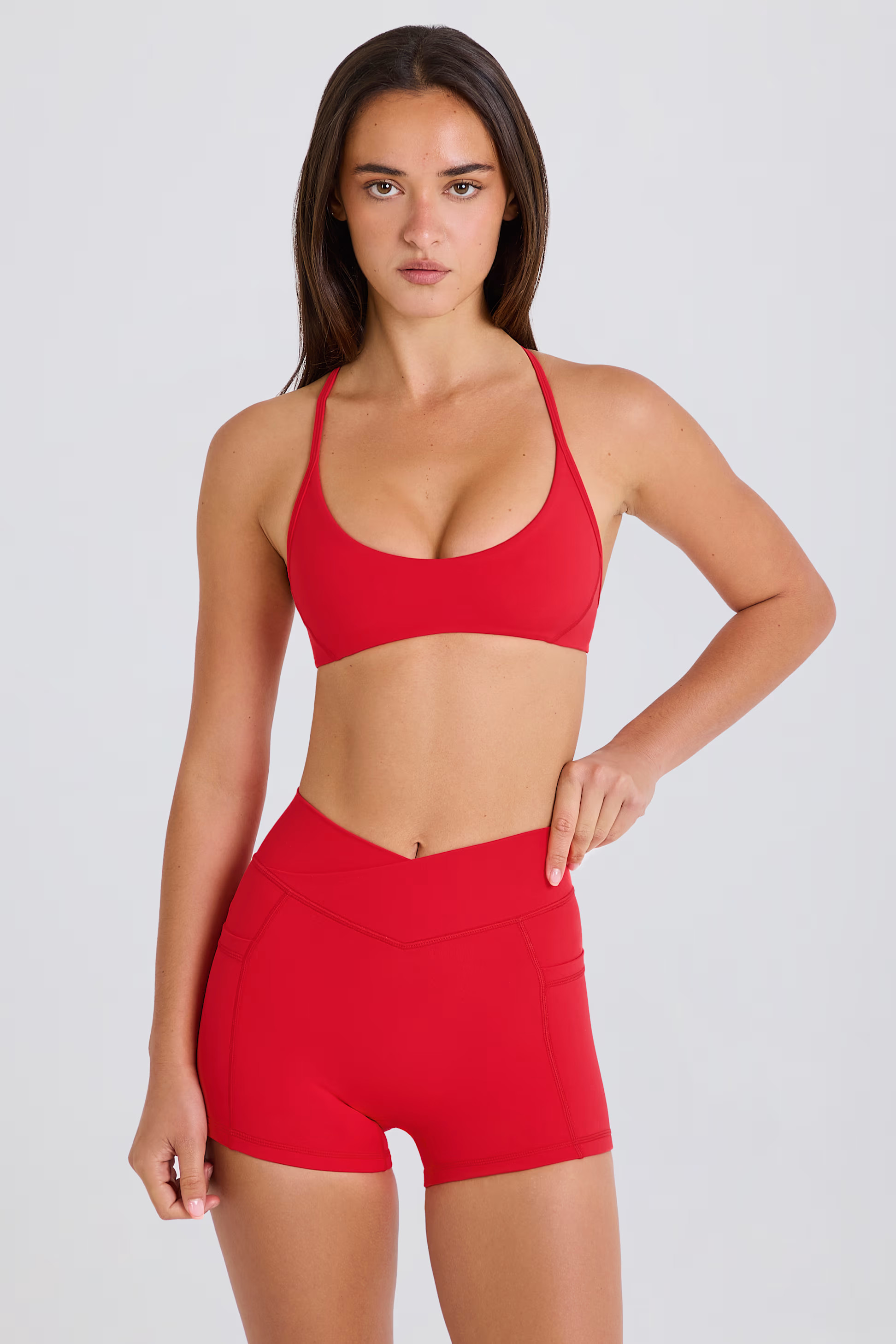 Soft Active Pocket V-Waist Mini Shorts in Strawberry Red | Bo&Tee
