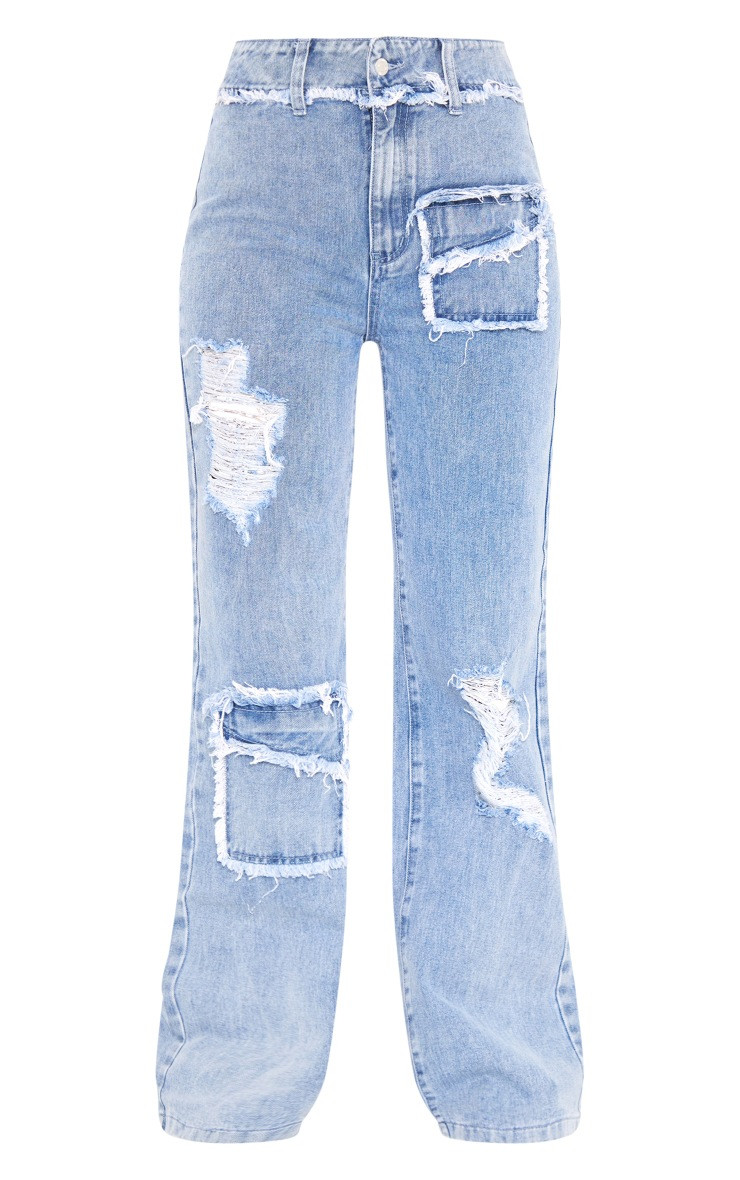 Tall Indigo Vintage Wash Distressed Detail Wide Leg Jeans | PrettyLittleThing US
