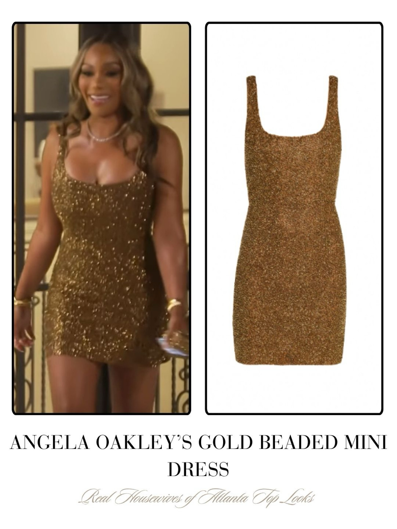 Angela Oakley’s Gold Beaded Mini Dress 
