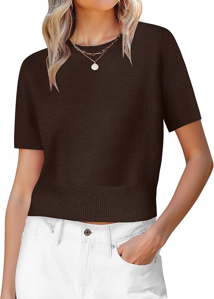 ANRABESS Womens Short Sleeve Sweaters Cropped Crew Neck Business Casual Lightweight Sweater Tops ... | Amazon (US)