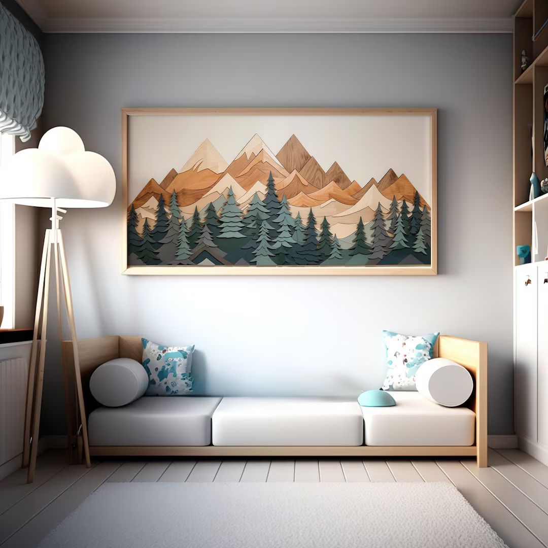 Lakelzdecor Mountain Wood Inspired Wall Art, Cabin Art, Framed Nursery Art, Large Horizontal Canv... | Etsy (US)