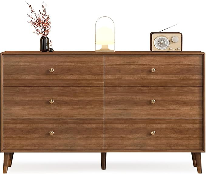 6 Drawer Dresser for Bedroom, 47 Inch Walnut Dresser for Closet, Mid Century Wood Chest of Drawer... | Amazon (US)