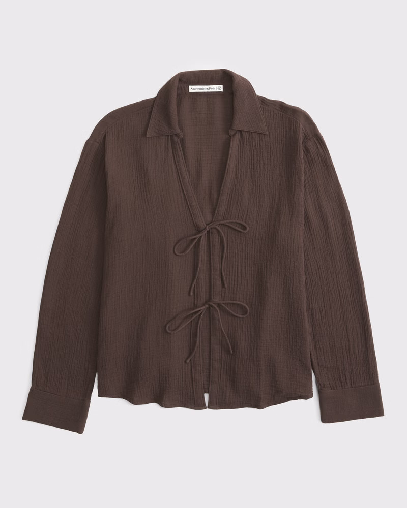 Long-Sleeve Oversized Tie-Front Gauzy Shirt | Abercrombie & Fitch (US)