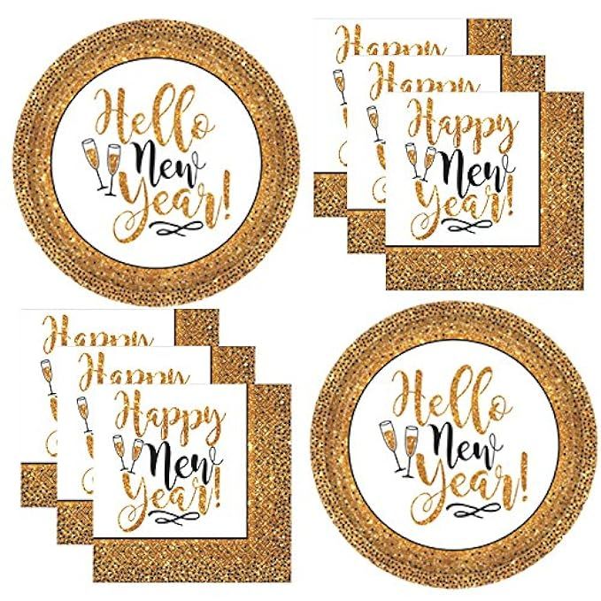 New Years Eve Essential Party Pack Supplies For New Years Party For 25 Black and Gold Hello New Year | Amazon (US)
