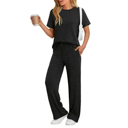 SUNBS Two Piece Lounge Sets for Women Summer Matching 2 Piece Outfits Ribbed Knit Pajamas Set Wid... | Walmart (US)