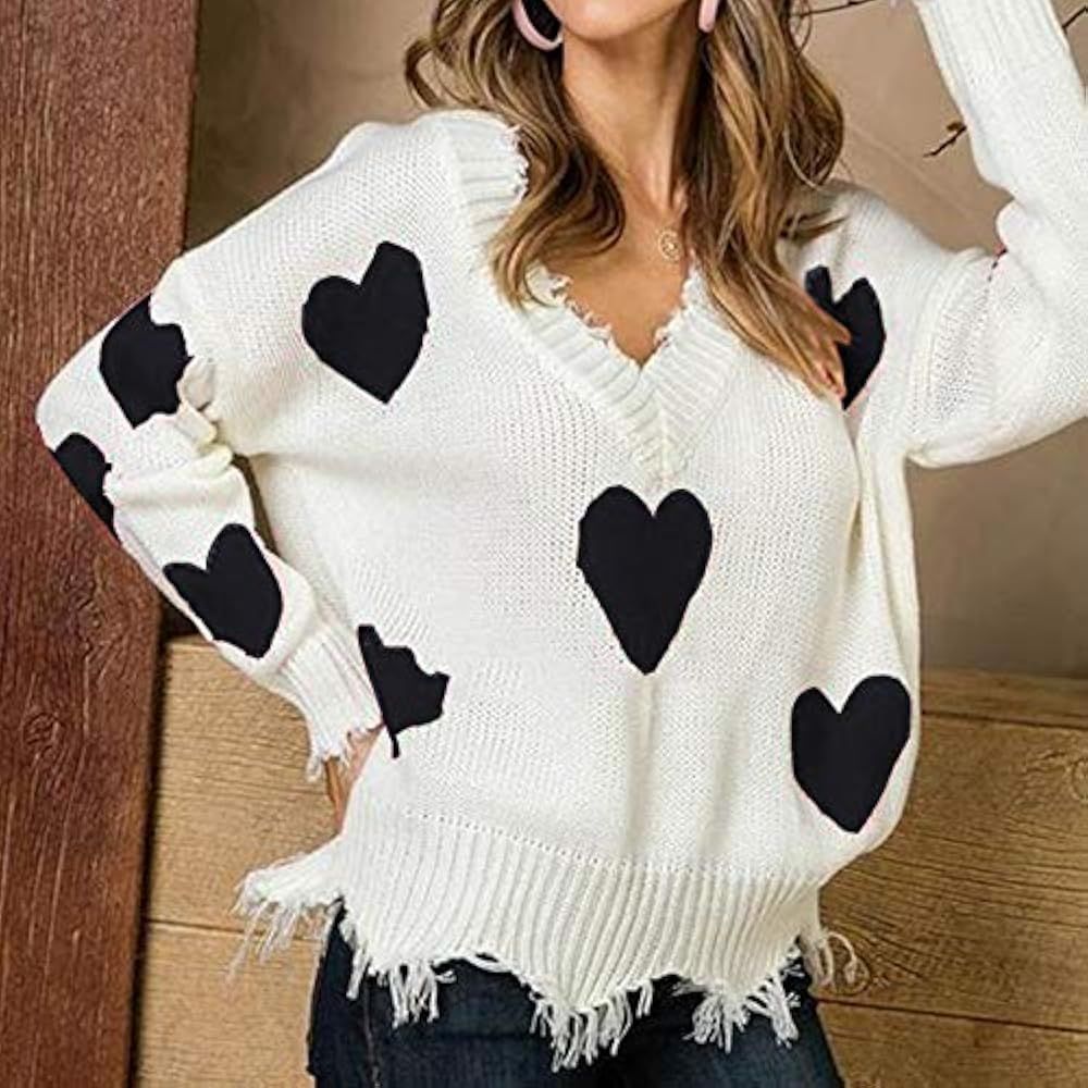 Valentine's Day Women's V-Neck Heart Printed Tassel Knit Loose Long Sleeve Pullover Sweater Tops | Amazon (US)