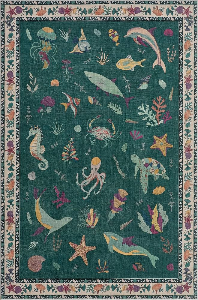 Beachy Coastal 6x9 Washable Nursery Rug (Emerald, 6' x 9') | Amazon (US)