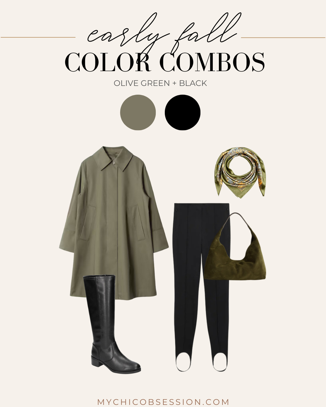 Earthy, neutral tones are perfect for autumn looks. Pair olive green and black together for an effortlessly chic early fall outfit idea. Style a trench coat or car coat in olive green with stirrup leggings, knee-high boots, a suede shoulder bag, and a silk scarf for an English countryside-inspired look. 

 #LTKSeasonal #LTKStyleTip #LTKItBag