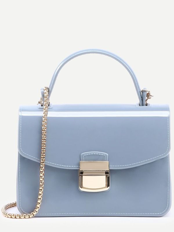 Baby Blue Pushlock Flap Handbag With Chain | SHEIN