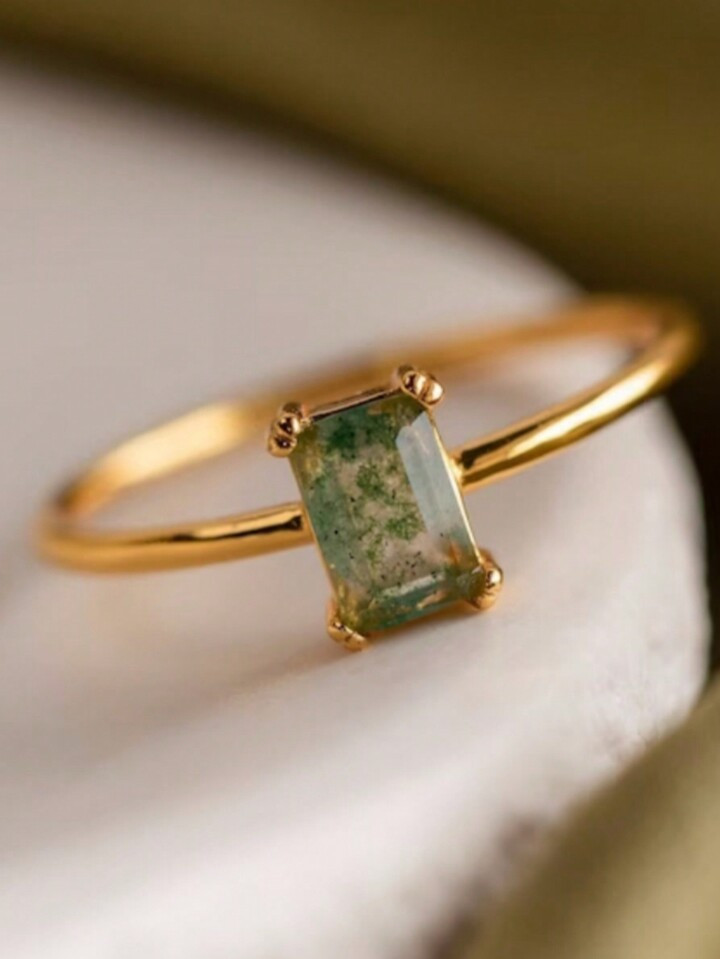 1pc Rectangle Natural Moss Agate Ring Promise Ring For Women Girlfriend Engagement Birthday Gift ... | SHEIN
