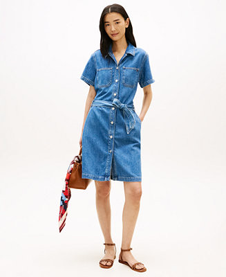 Women's Short-Sleeve Belted Denim Dress | Macy's