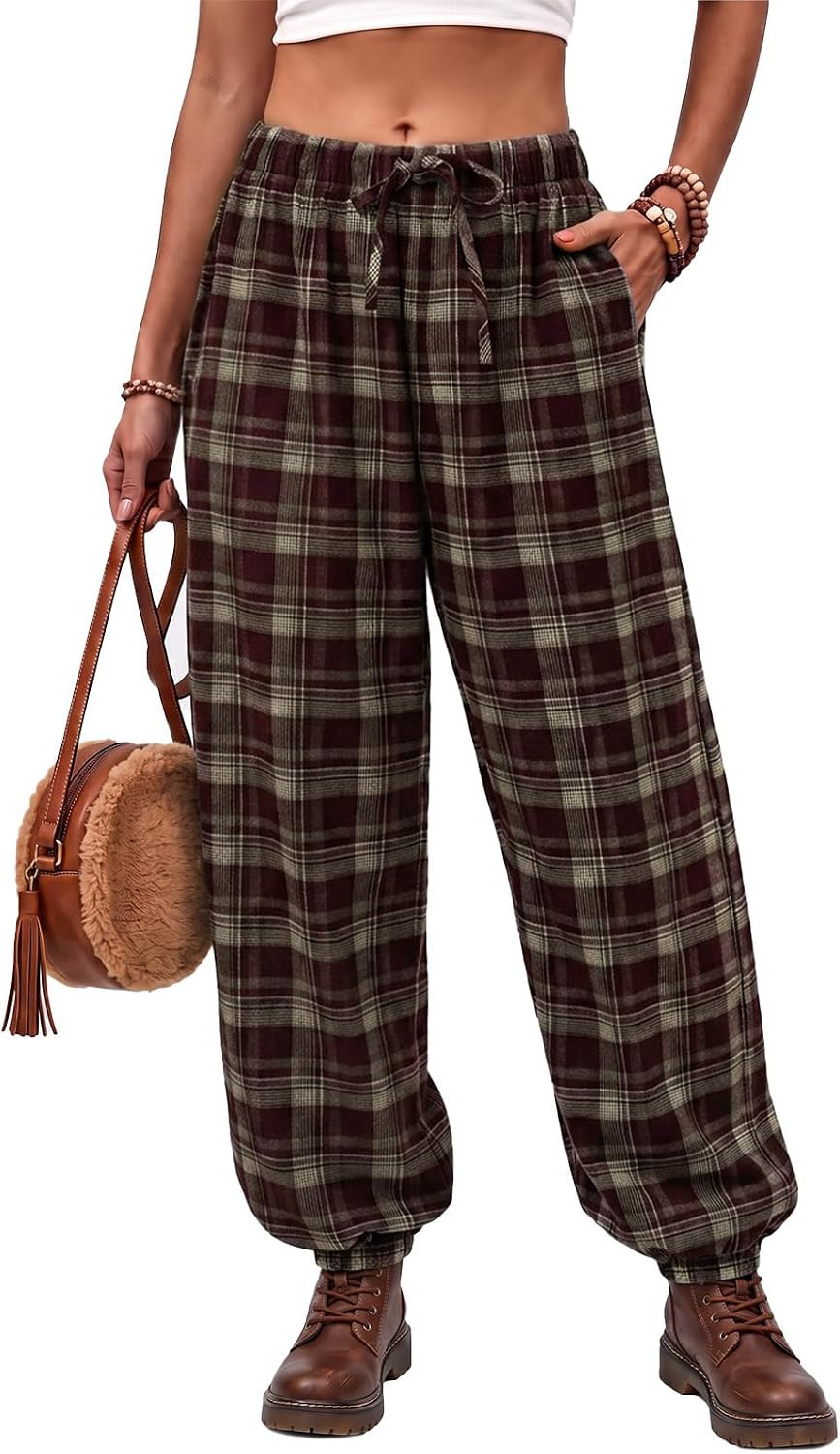 Tankaneo Womens Plaid Jogger Pants Elastic Waist Casual Tapered Trousers | Amazon (US)