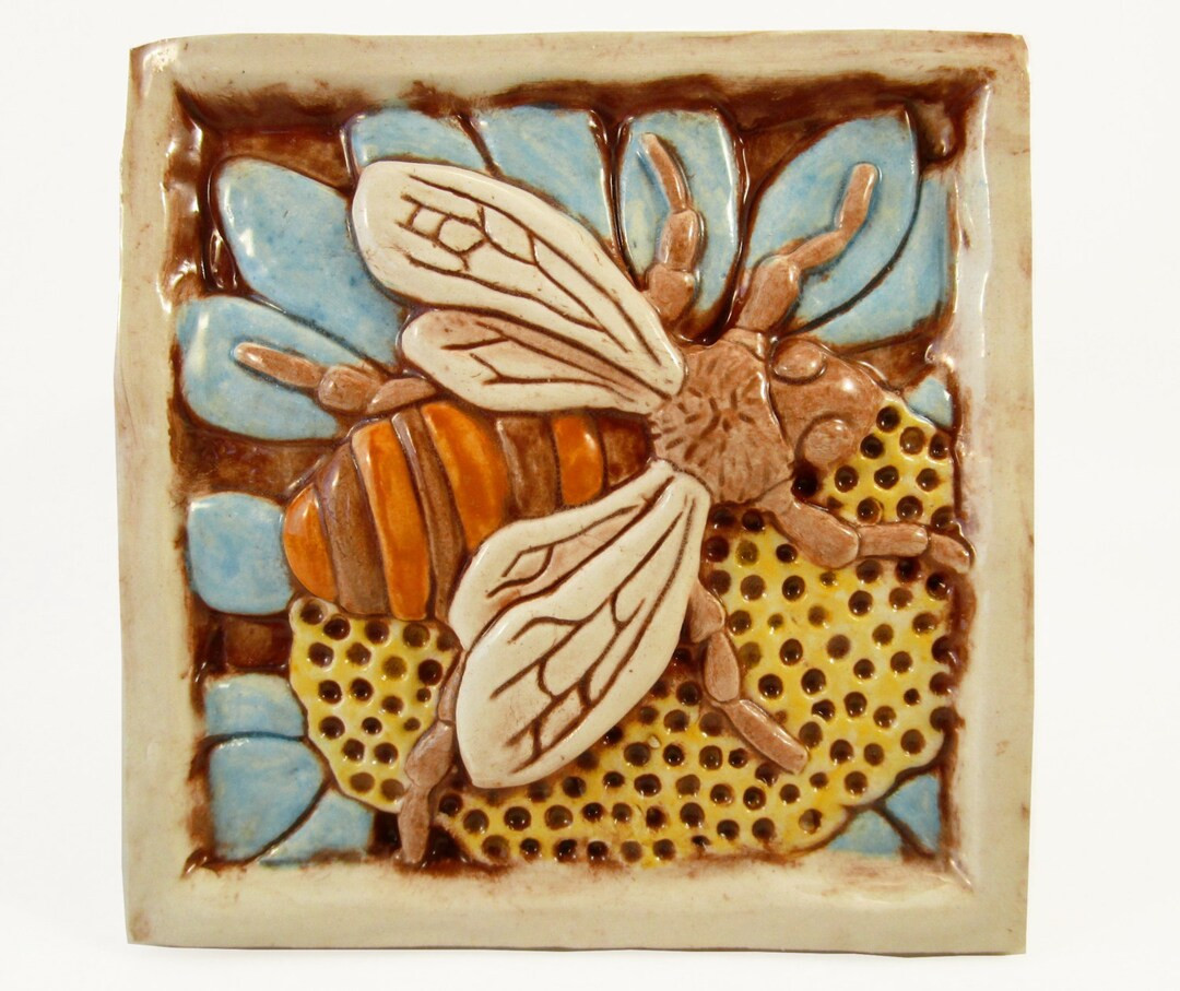 Bee on flower Ceramic Art Tile - Light Blue, 4 x 4 Handmade Ceramic Tile, Wall Art | Etsy (US)