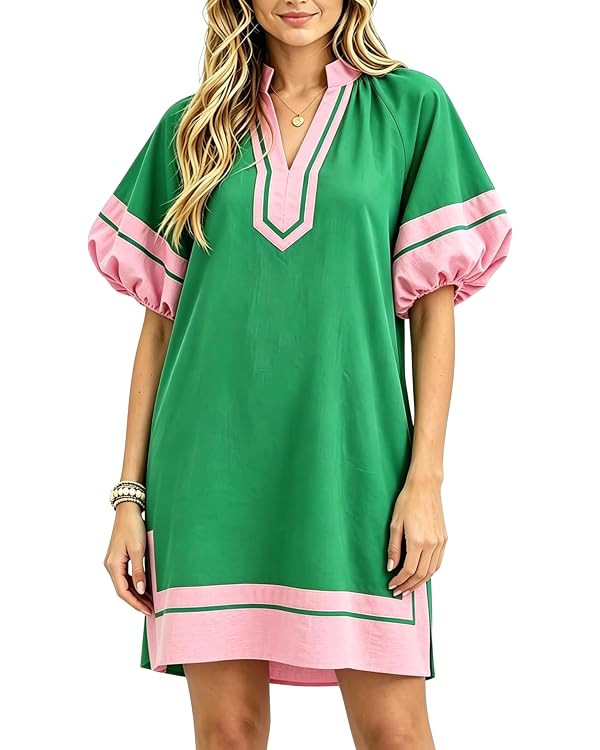 Esmeling Women's Color Block Pullover Dress V-Neck Puff Sleeve Dress Mini Shirt Dress with Pocket... | Amazon (US)