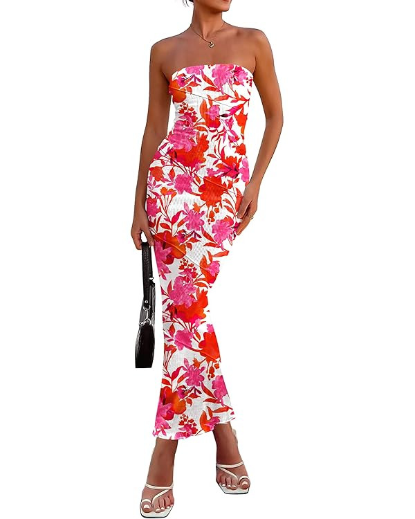 PRETTYGARDEN Women's 2025 Summer Floral Bodycon Maxi Dresses Ribbed Strapless Tube Casual Boho Pa... | Amazon (US)