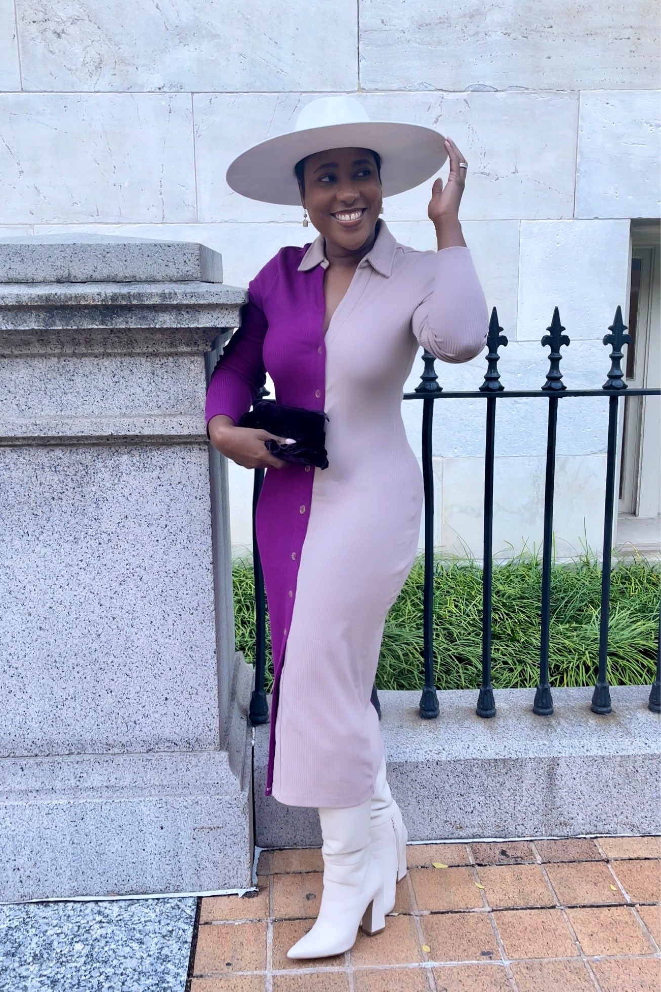 #fallstyle colorblock sweater dress ivory white wide brim fedora hat tall white boots 

#LTKSeasonal #LTKstyletip