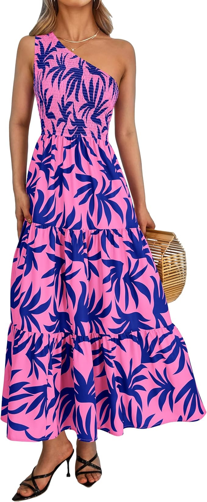 XIONGMEI Women Summer Dresses 2024 Sexy One Shoulder Sleeveless Smocked Floral Print Boho Flowy S... | Amazon (US)