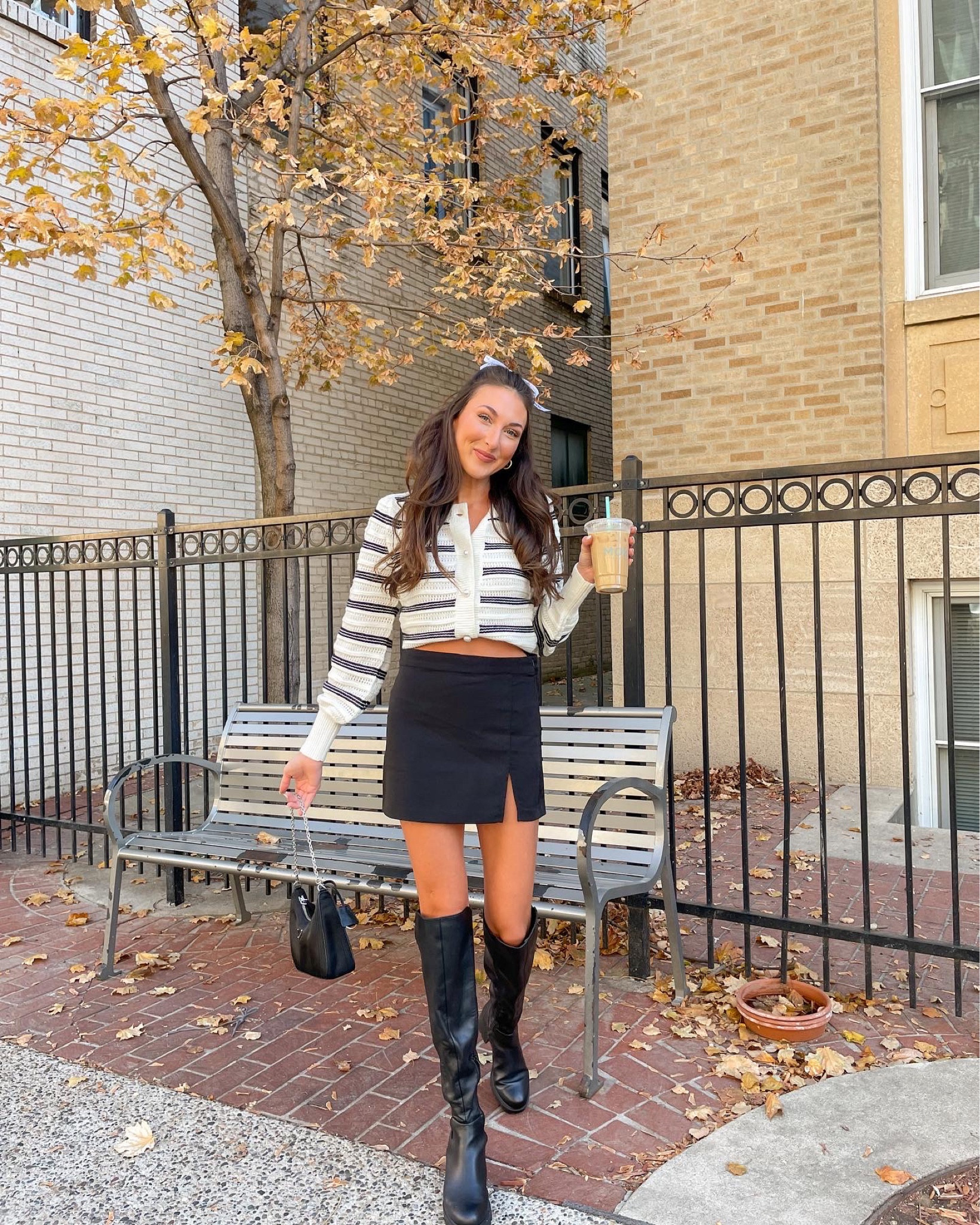 Black mini skirt, cardigan, stripped sweater, tall black boots

#LTKshoecrush #LTKstyletip #LTKSeasonal