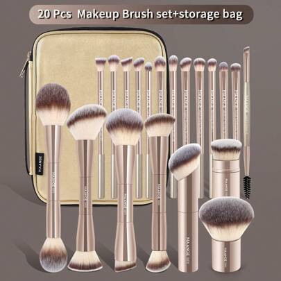 MAANGE 20pcs Professional Long Aluminum Tube Makeup Brush Set With Storage Bag,Foundation Brush Powder Brush Blush Brush Highlight Brush Contour Brush | SHEIN
