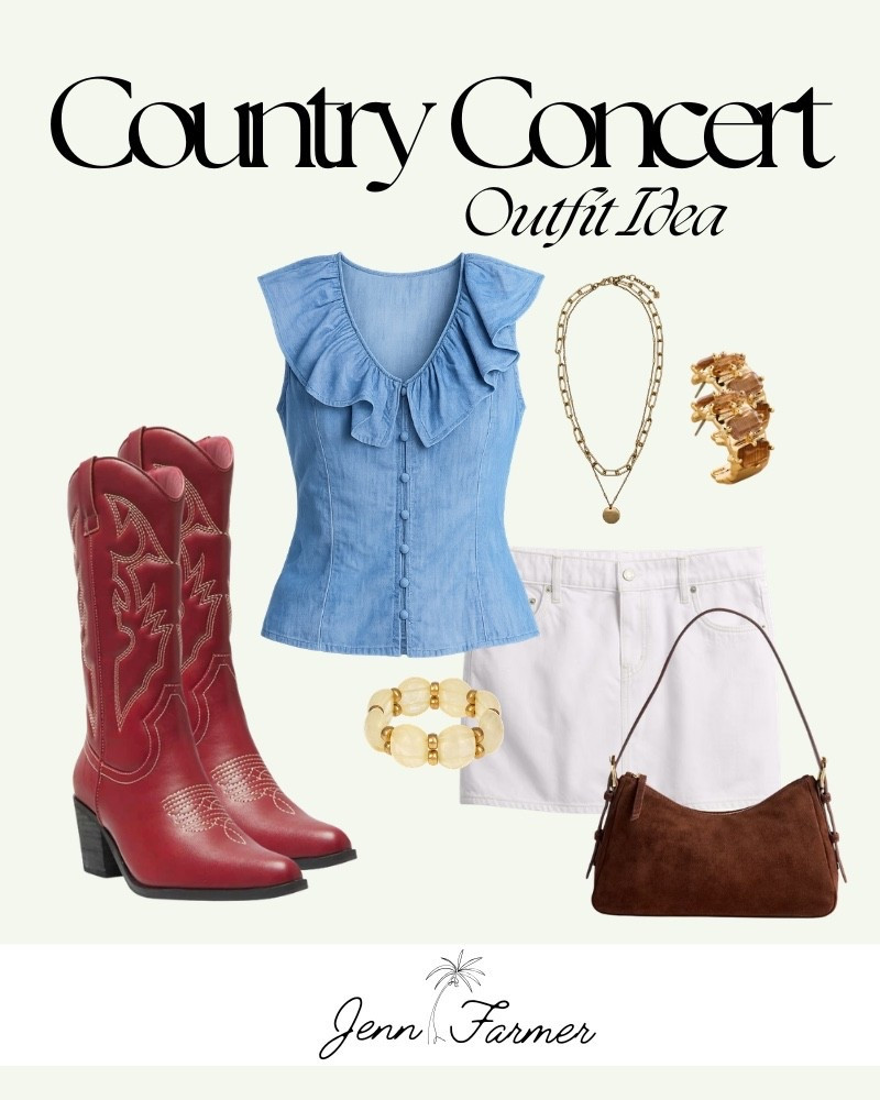 Shop this look for your next country concert!

summer style, country concert style, outfit idea, outfit inspo, country style, white denim skirt, summer look, cowgirl boots, gold jewelry

#LTKSeasonal #LTKootd #LTKgrwm