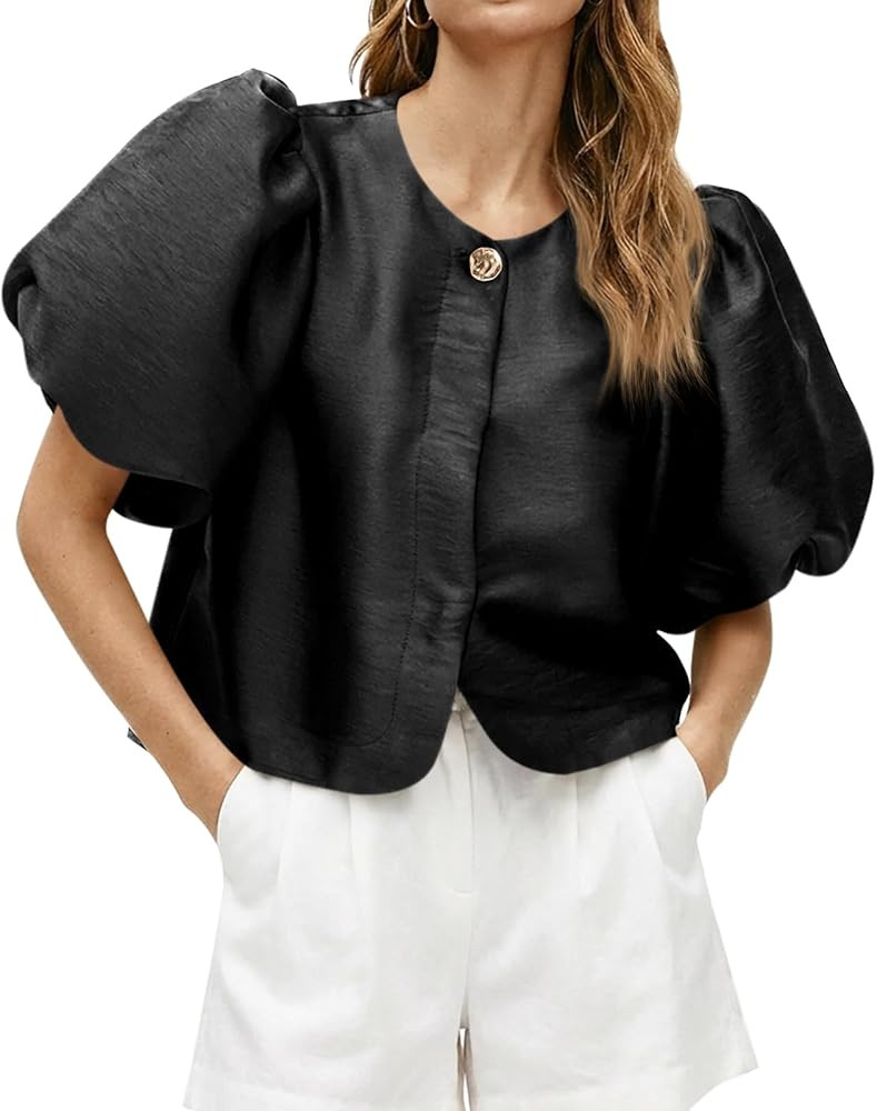 Cicy Bell Womens Silk Satin Button Down Shirts Summer Puff Short Sleeve Crew Neck Crop Tops Loose... | Amazon (US)