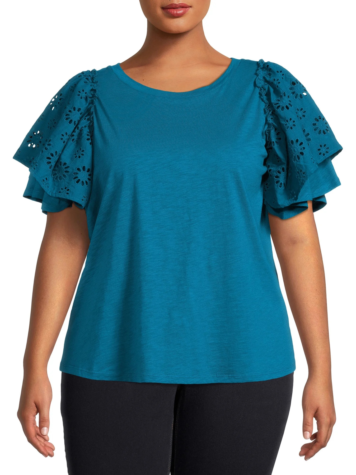 Terra & Sky Women's Plus Size Eyelet Flutter Sleeve Top - Walmart.com | Walmart (US)