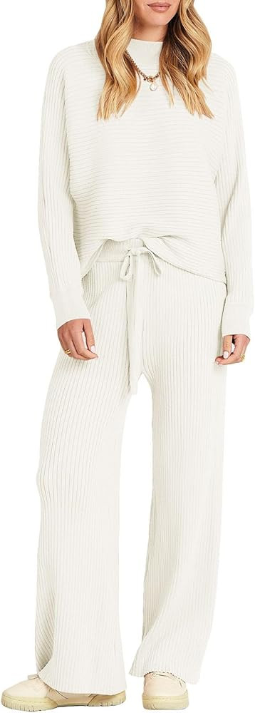 ANRABESS Women's Two Piece Outfits Batwing Long Sleeve Crop Top & Ribbed Knit Wide Leg Pants Loun... | Amazon (US)