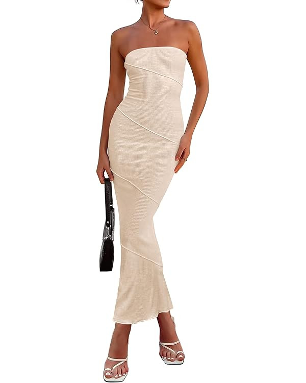 PRETTYGARDEN Women's Ribbed Maxi Bodycon Dress Summer Strapless Tube Y2K Party Club Long Dresses | Amazon (US)