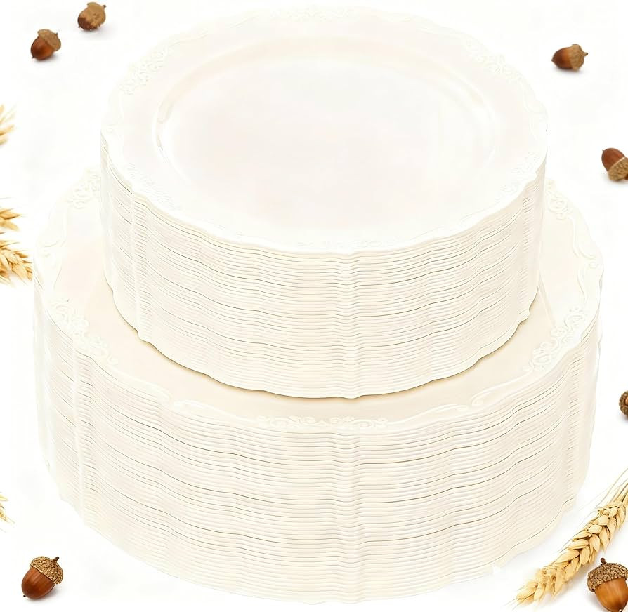 U-QE 100 Pieces Ivory Thanksgiving Plastic Plates for Party - Ivory Disposable Plastic Plates - H... | Amazon (US)