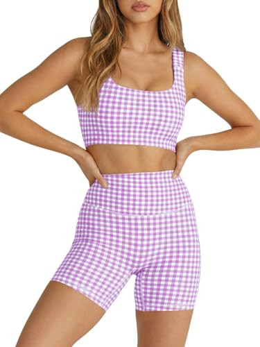 Aoysky Womens Workout Gingham 2 Piece Outfits Padded Open Back Crop Tank High Waist Sports Shorts Sets Casual Yoga Matching Sets | Amazon (US)
