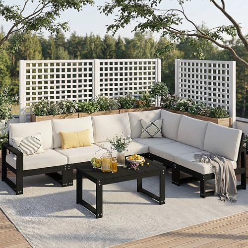 Polyhouz Patio Furniture Set, 7-Piece Outdoor Furniture with Cushions, L Shaped Outdoor Couch Sets 6 Seats, HDPE Patio Sectional Sofas for Porch, Backyard, Deck, Black | Amazon (US)