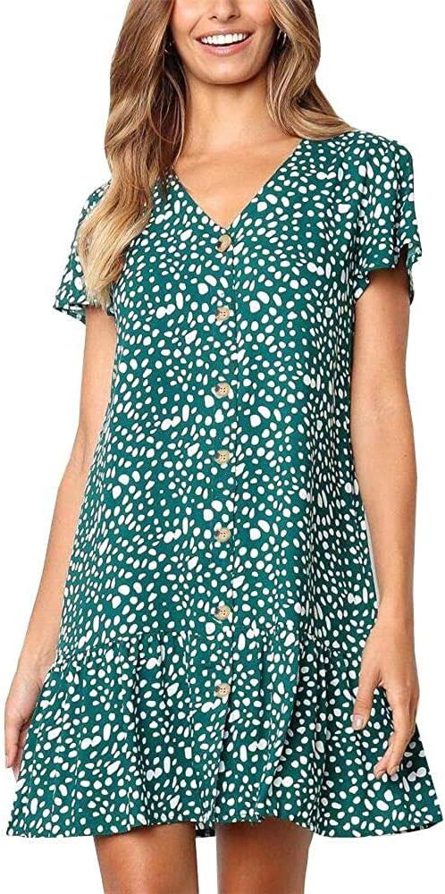 Imysty Womens Polka Dot V Neck Button Down Ruffles Loose Mini Short T-Shirt Dress | Amazon (US)
