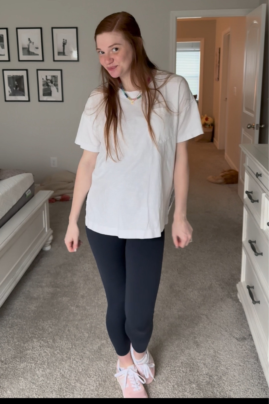 35 weeks pregnant casual daily outfit idea for early fall. Amazon maternity leggings. Pink new balance sneakers  

#LTKBump