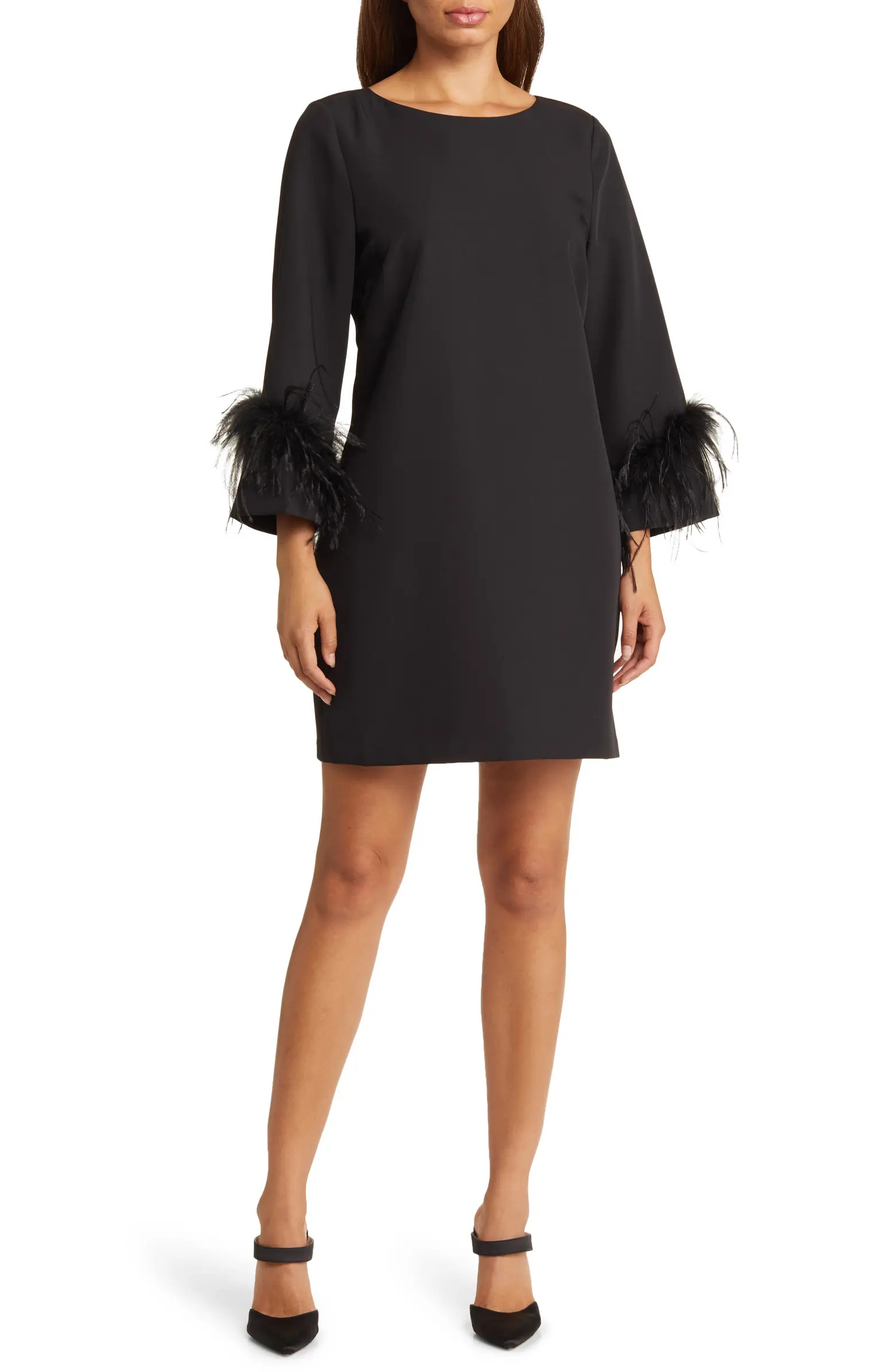 Feather Trim Three-Quarter Sleeve Sheath Cocktail Dress | Nordstrom