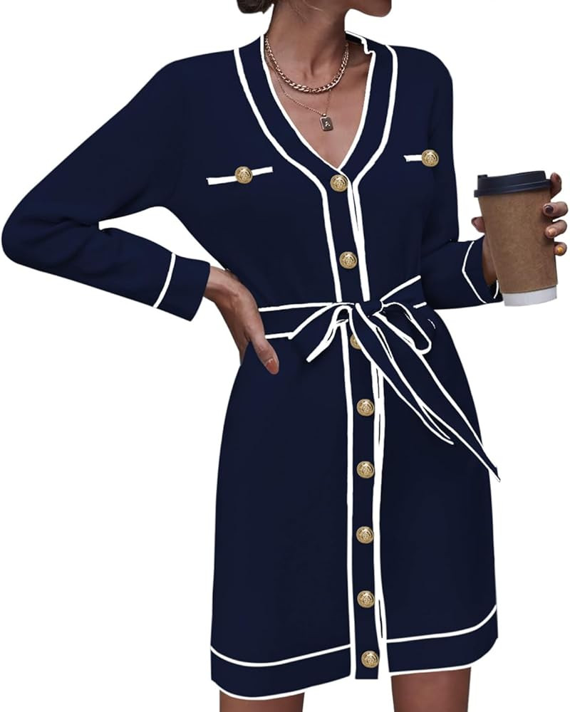 Pink Queen Women's Long Sleeve Button Down Sweater Dress Elegant V Neck Open Front Color Block Kn... | Amazon (US)