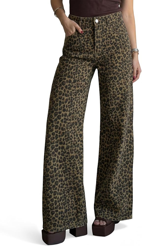 Cicy Bell Womens Wide Leg Jeans High Waisted Leopard Baggy Stretchy Denim Pants with Pockets | Amazon (US)