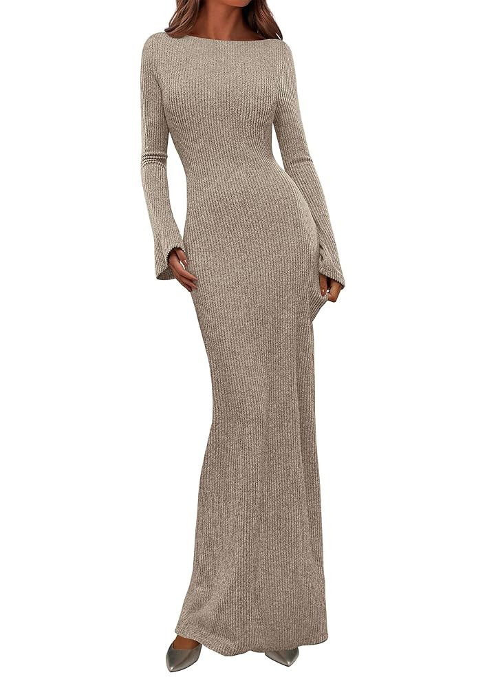 PRETTYGARDEN Women's Fall Fashion 2025 Long Sleeve Maxi Dress Ribbed Knit Boat Neck Bodycon Casua... | Amazon (US)