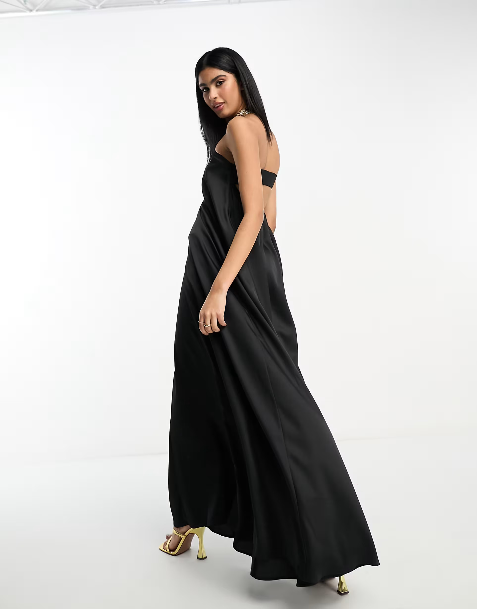 ASOS DESIGN satin bandeau trapeze maxi dress in black | ASOS (Global)