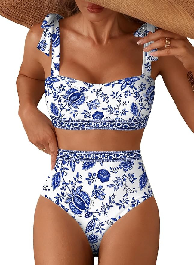 Herseas Women's Tie Shoulder Bikini Sets 2 Piece Striped Swimsuits High Waisted Bathing Suits | Amazon (US)