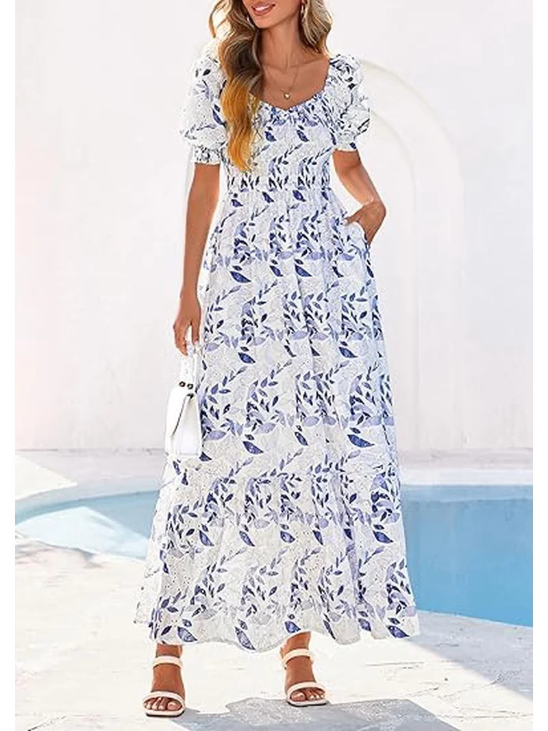 PRETTYGARDEN Women's Floral Boho Maxi Dresses Flowy Short Sleeve A Line Smocked Eyelet Summer Bea... | Walmart (US)