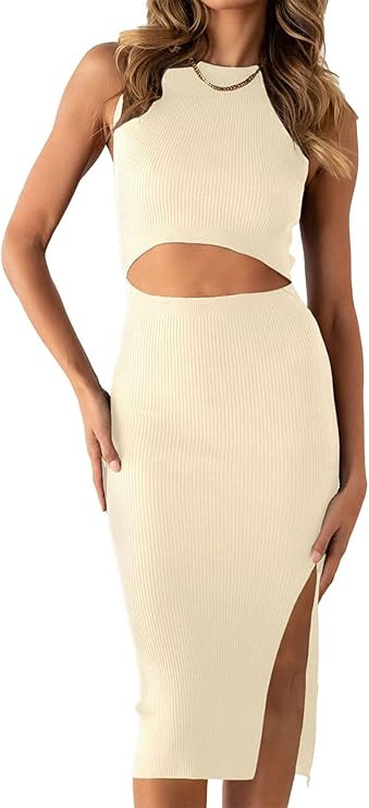 PRETTYGARDEN Women's Summer Midi Bodycon Dresses Casual Crew Neck Side Slit Sleeveless Knit Cut O... | Amazon (US)