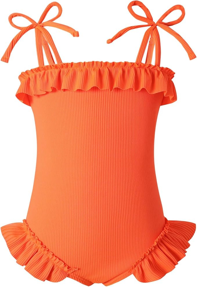 Toddler Swimsuit Girl Bathing Suit Solid Color One Piece Swimwear Bow Straps Ruffle Floral Baby B... | Amazon (US)